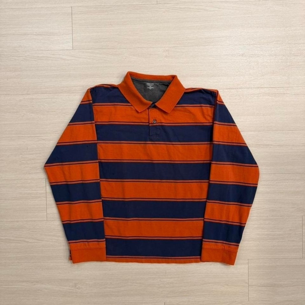 St. John's Bay Striped Orange and Blue Long Sleeve Rugby Shirt Men's Size Large